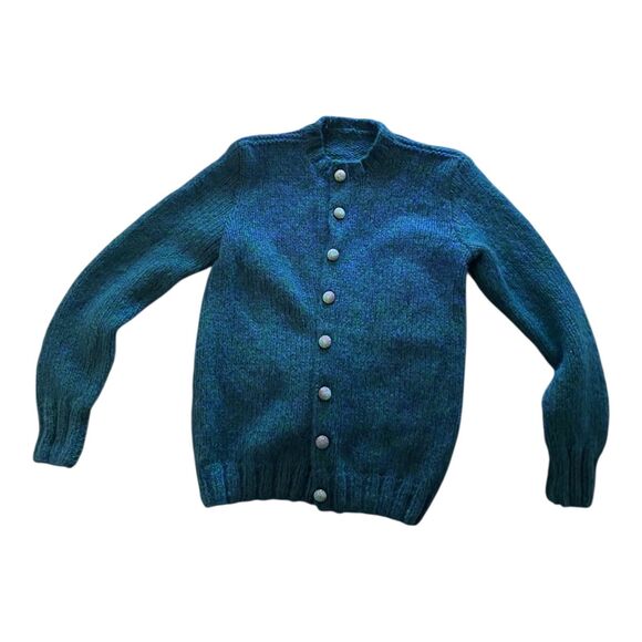 Handmade Sweaters - Vintage wool blend teal blue green handknit button up cardigan XS/S